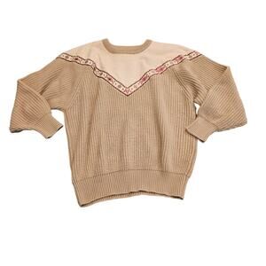 Western Knit Sweater Beige Faux Suede Aztec Trim Puff Sleeve Medium (estimate)